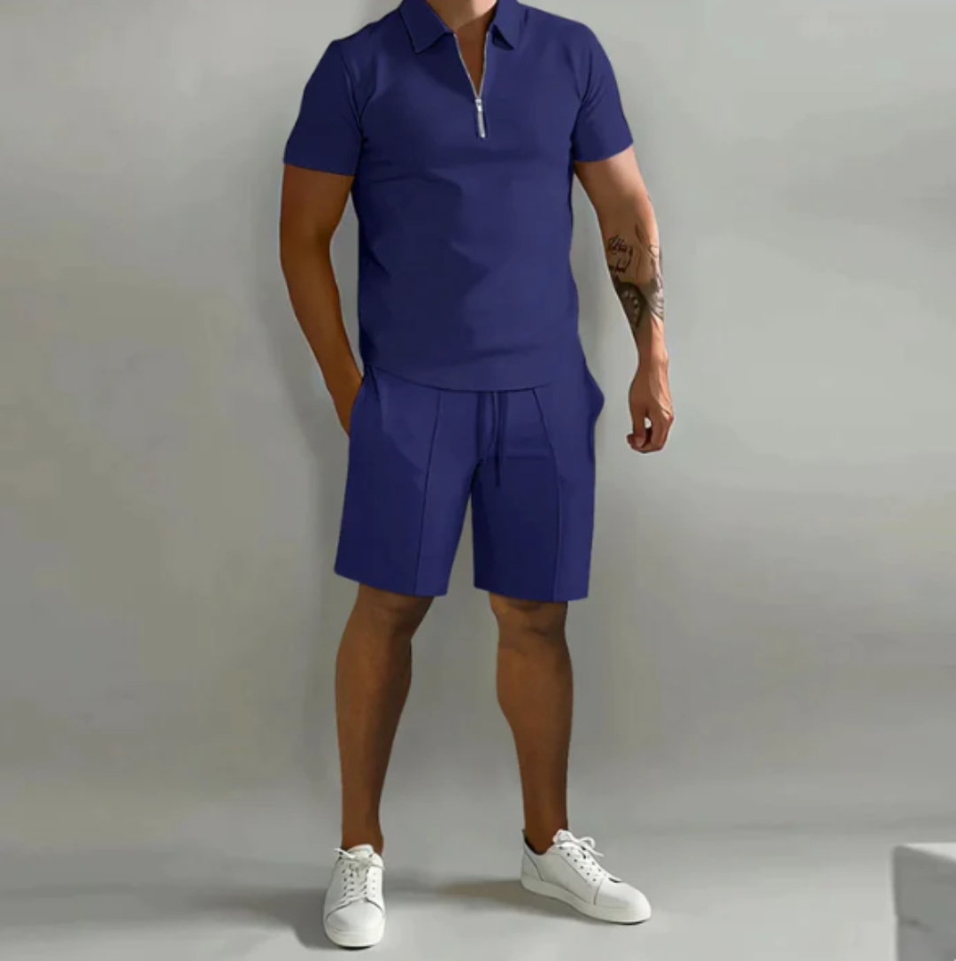 Herren Sportset Sommer | Polo Reißverschluss Shorts | atmungsaktiv bequem modern-Marineblau-S-Luzern Mode