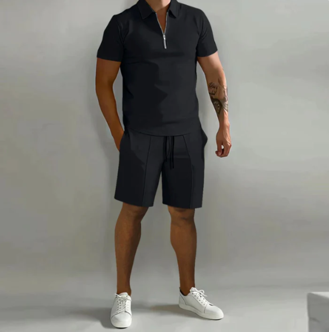 Herren Sportset Sommer | Polo Reißverschluss Shorts | atmungsaktiv bequem modern-Schwarz-S-Luzern Mode