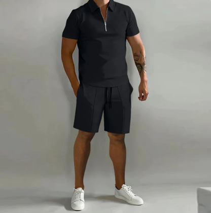 Herren Sportset Sommer | Polo Reißverschluss Shorts | atmungsaktiv bequem modern-Schwarz-S-Luzern Mode