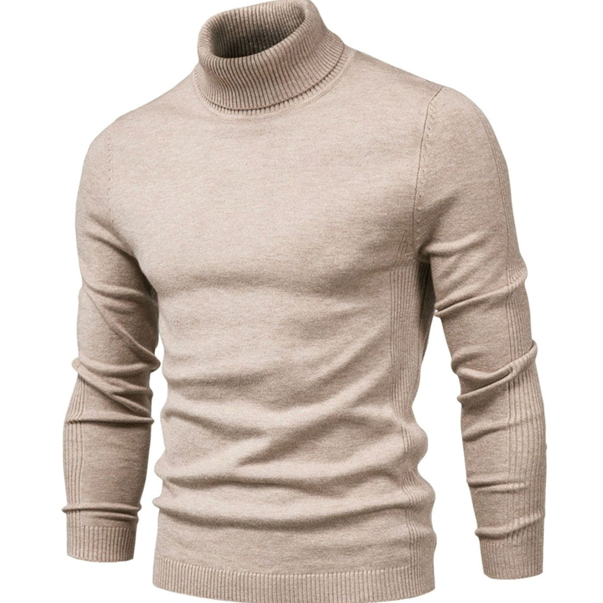 Beiger Strickpullover mit gerippter Rollkragenpartie, schräg von vorn, Rippenstreifen an den Ärmeln sichtbar 6