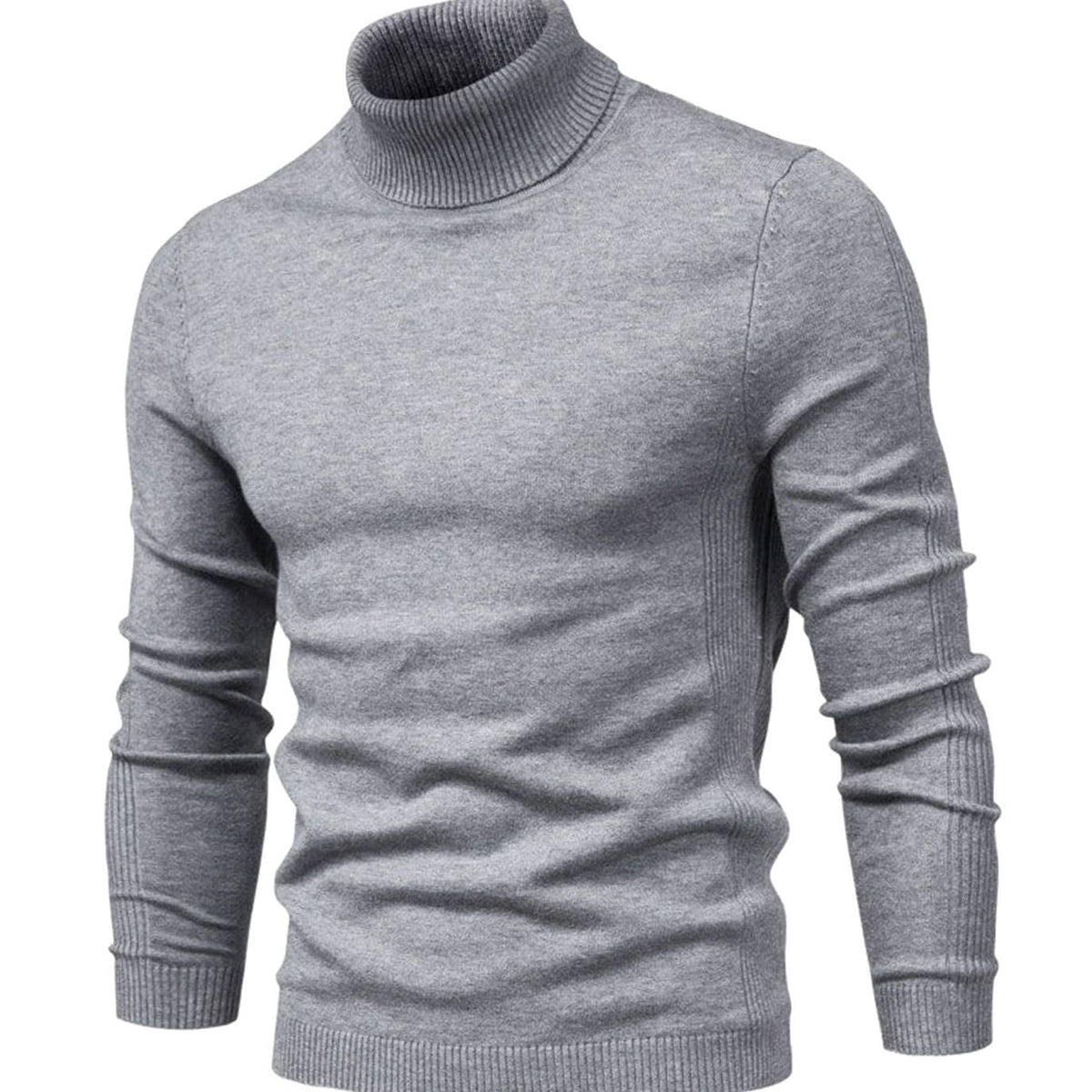 Hellgrauer Strick-Rollkragenpullover, schräg von vorn, mit gerippten Bündchen und Rippenstreifen an den Ärmeln 1