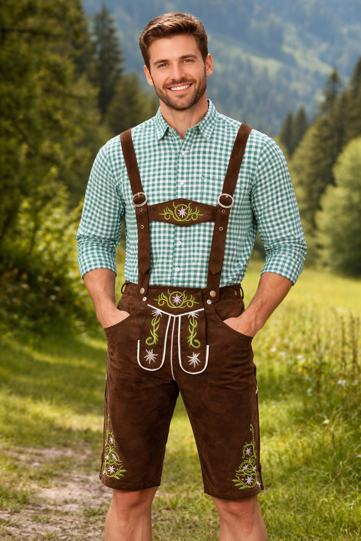 Derselbe Mann trägt die braune Lederhose mit Stickerei und kariertem Hemd, die Hände in den Taschen, auf einer Bergwiese. 2