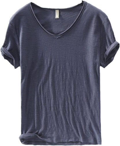 Leinen Shirt Herren | V-Ausschnitt Sommerhemd | Leicht | Atmungsaktiv Baumwolle-Grau-M-Luzern Mode
