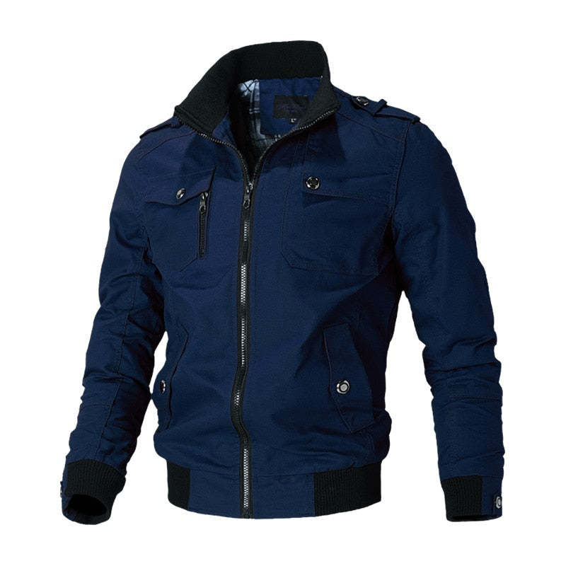 Dunkelblaues Herren-Bomberjacke, Reißverschluss, Taschen, modisch, Baumwolle, Herbstmode.