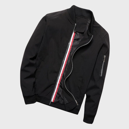 Schwarze Herren-Bomberjacke mit Reißverschluss, gestreiftem Innenfutter, modisch und vielseitig.