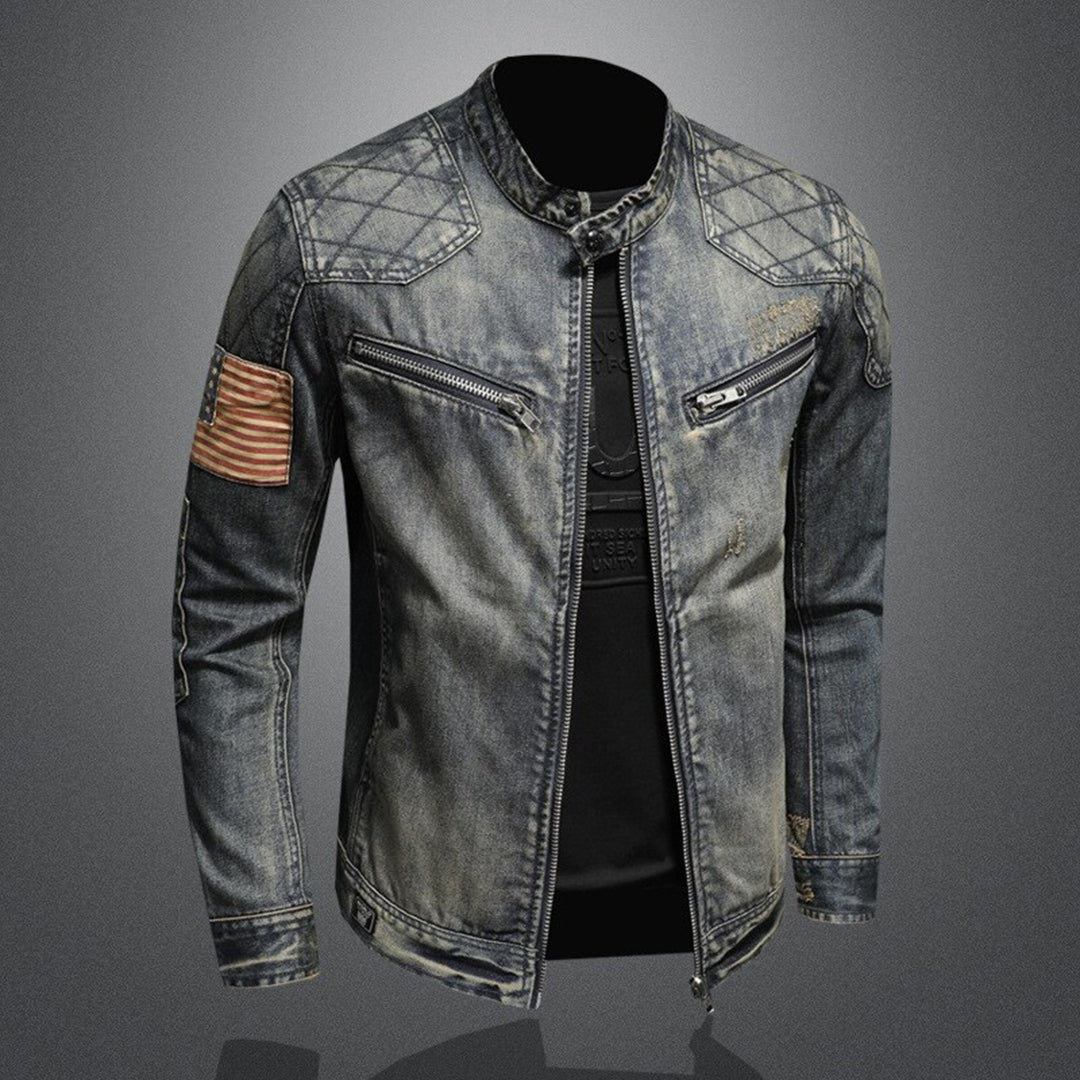 Herren-Jeansjacke, grau, mit Reißverschlüssen und USA-Flaggen-Patch, modisch, lässig.