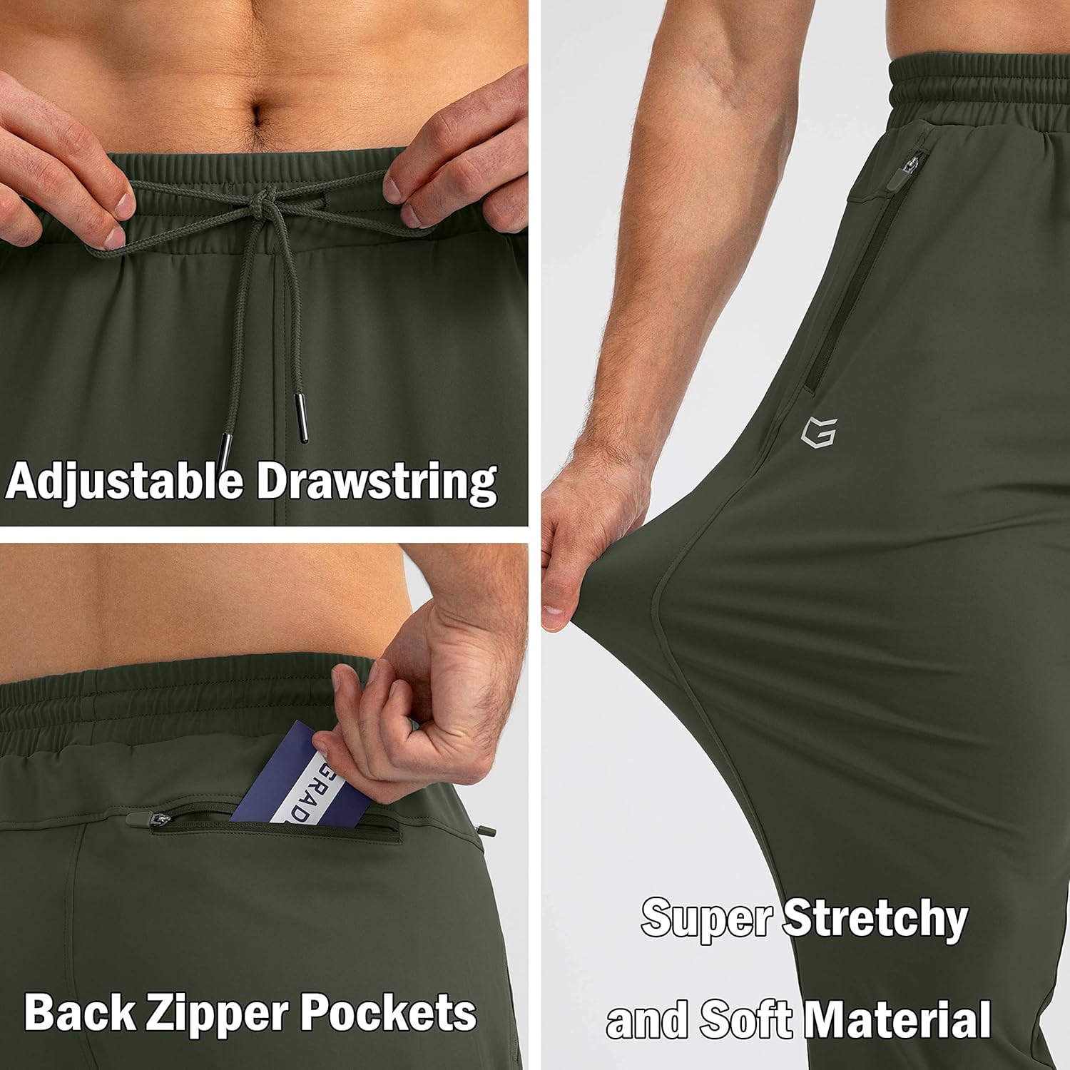 Grüne Jogginghose mit verstellbarem Kordelzug, Reißverschlusstaschen, elastisch, weiches Material.