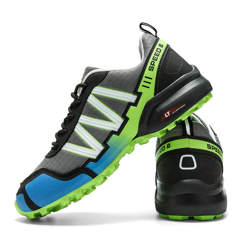 Graue und blaue Laufschuhe mit grüner Sohle, atmungsaktiv, sportlich, für Herren.