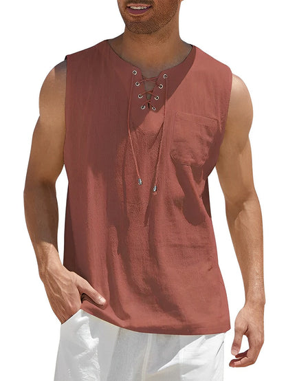 Herren ärmelloses Leinen-Tanktop, rotbraun, mit Schnürung, Sommermode, Freizeitkleidung.