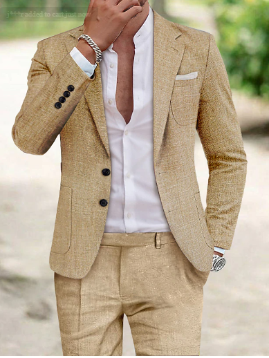 Herrenanzug aus Leinen, beige, Zweiknopf, elegant, Sommermode, stilvoll, klassisch.