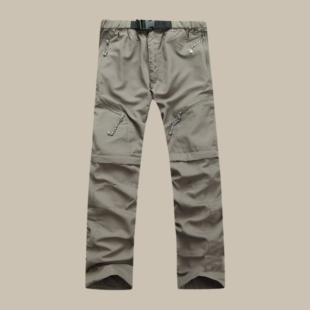 Graue Outdoor-Hose mit Reißverschlusstaschen, verstellbarem Gürtel, strapazierfähiges Material.