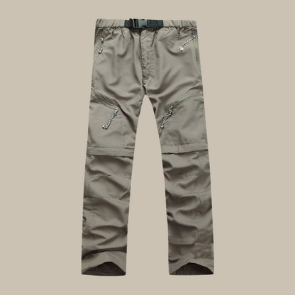 Graue Outdoor-Hose mit Reißverschlusstaschen, verstellbarem Gürtel, strapazierfähiges Material.
