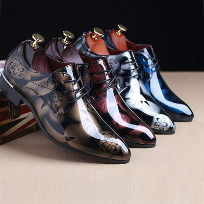 Herren-Lederschuhe, glänzend, floral, schwarz, braun, rot, blau, formell, elegant, Schnürschuhe.