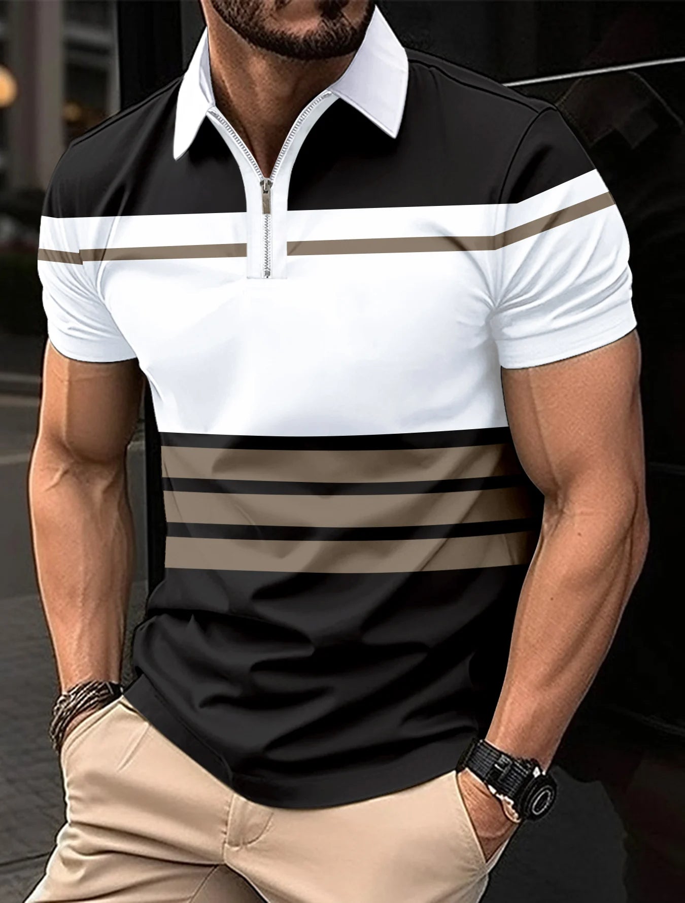 Männer Poloshirt, schwarz-weiß gestreift, Reißverschluss, kurzärmelig, Freizeitmode.