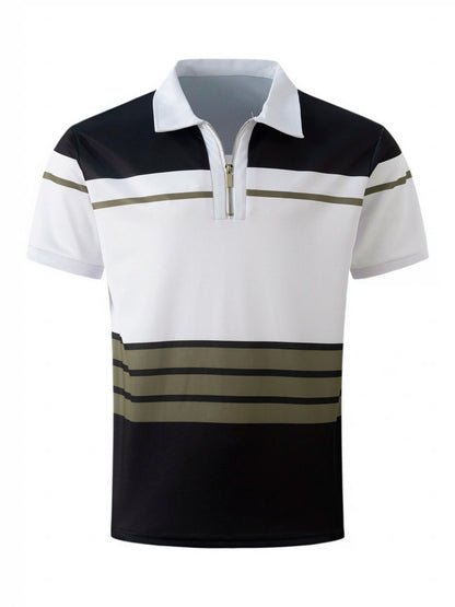 Herren-Poloshirt, schwarz-weiß, Streifenmuster, Reißverschluss, kurzärmelig, Baumwolle.