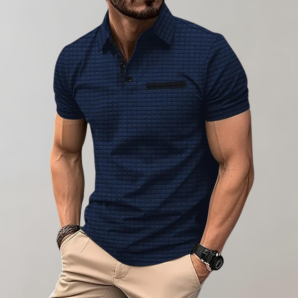 Dunkelblaues Herren-Poloshirt, kariert, kurzärmelig, Freizeitmode, Baumwolle.