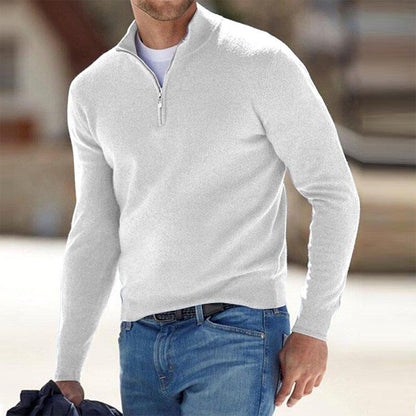Weiße Herrenstrickjacke mit Reißverschluss, lässig, modisch, bequem, ideal für Herbst.