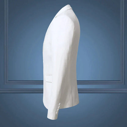 Weißer Herrenanzug, schlank, elegant, Business-Casual, hochwertige Mode, große Größen.