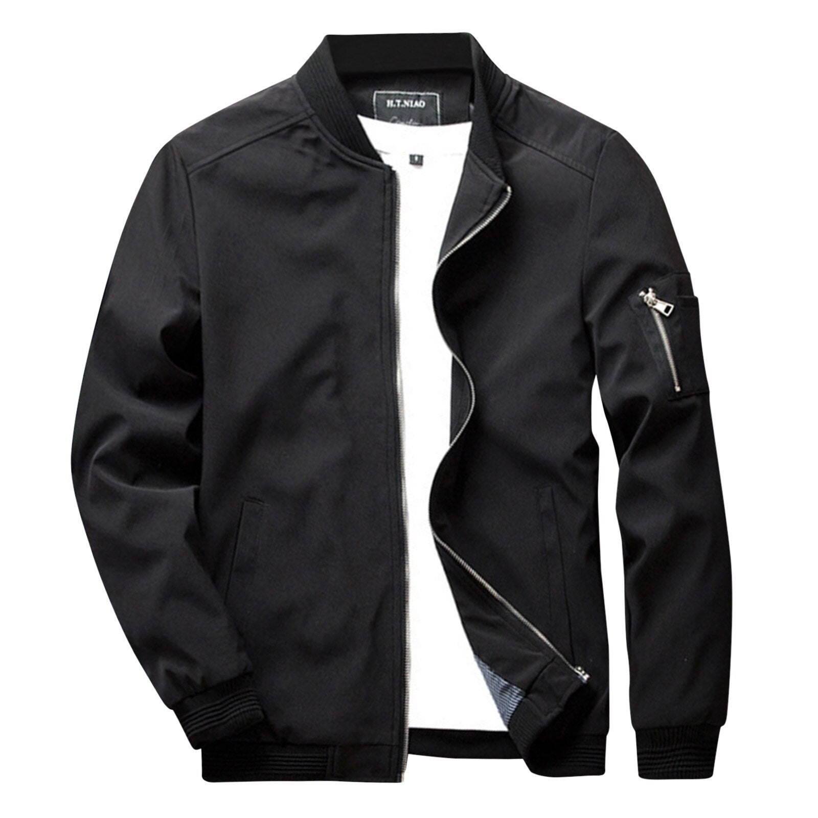 Schwarze Herren-Sommerjacke, Reißverschluss, Bomberstil, leicht, modisch, Freizeitkleidung.