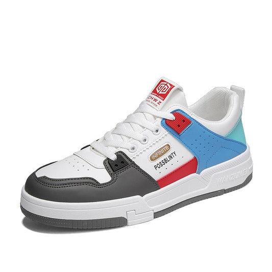 Weiße und bunte Herren-Sneaker, Sportschuhe, rutschfest, atmungsaktiv, Outdoor-Laufschuhe.