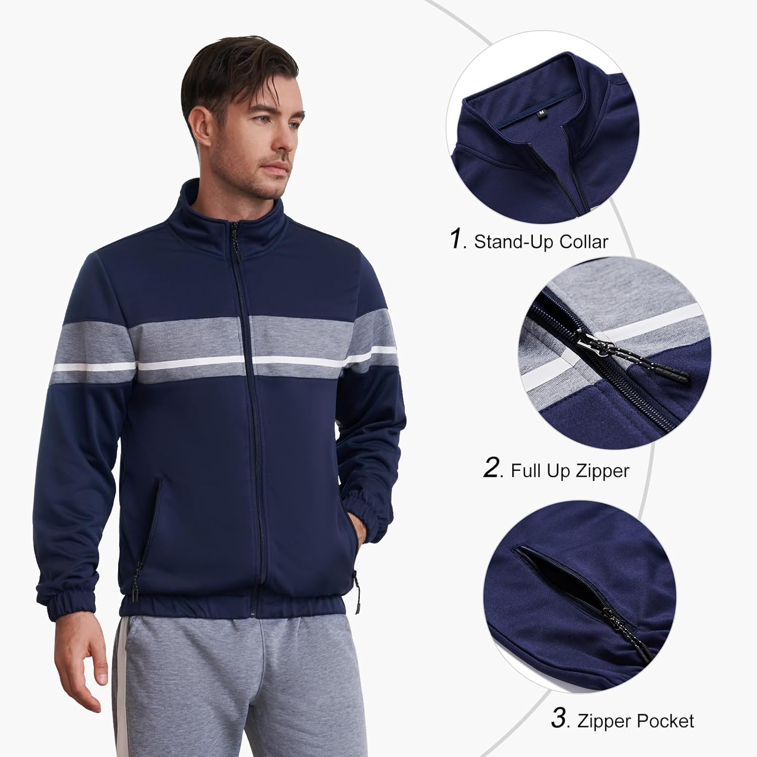 Dunkelblaue Herren-Trainingsjacke mit Stehkragen, Reißverschluss und Reißverschlusstaschen.