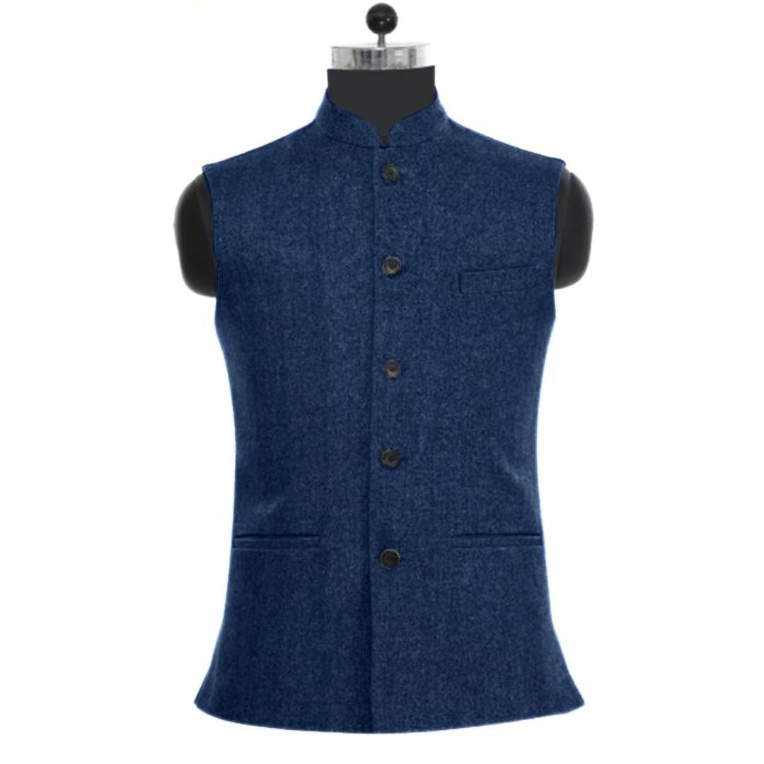 Navyblaues Herren-Wollweste, ärmellos, Stehkragen, Knopfleiste, elegantes Design.