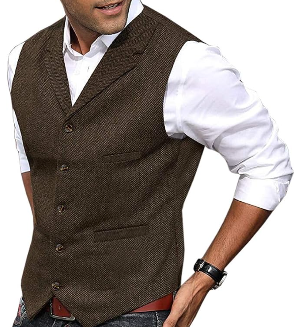 Mann in brauner Tweed-Weste, weißem Hemd, eleganter Herrenmode, Freizeitkleidung.