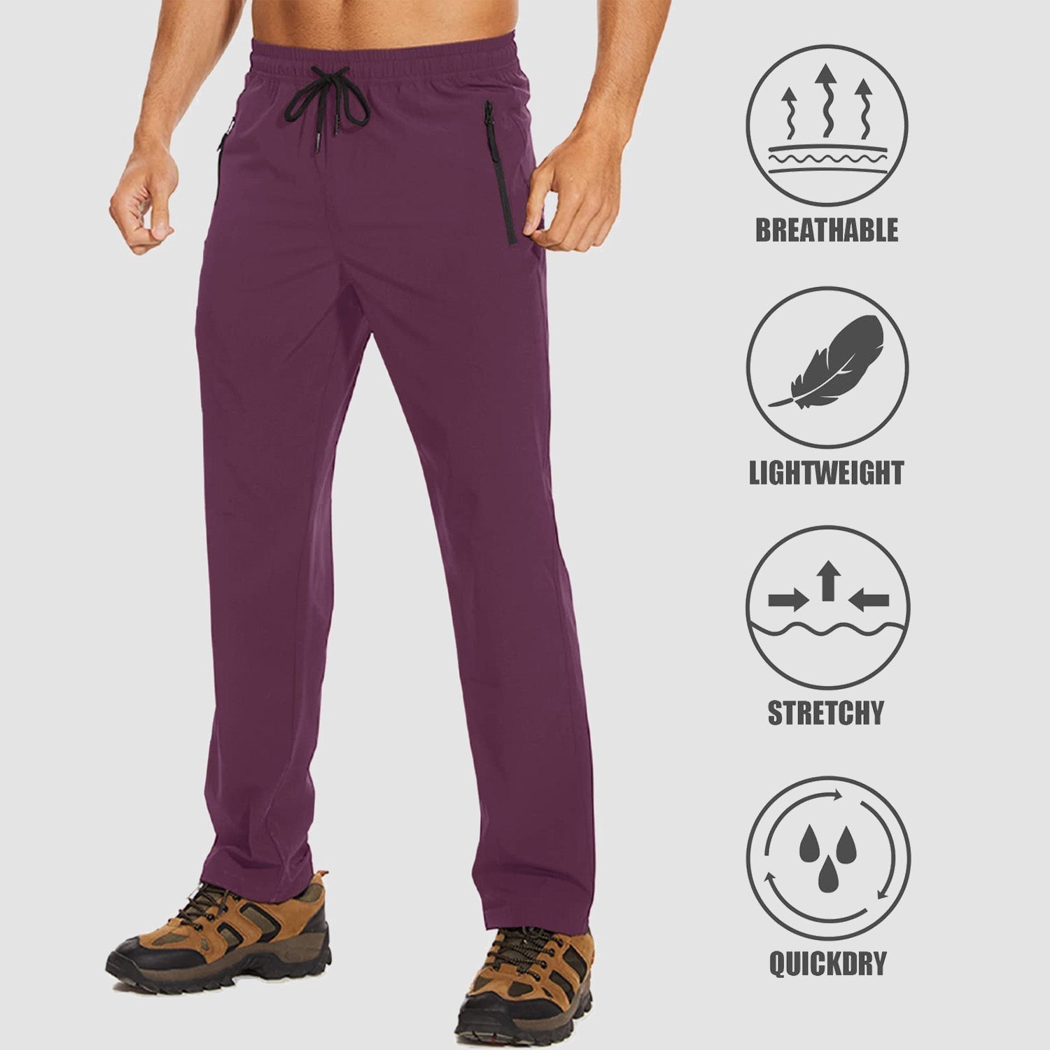 Lila Herren-Schnelltrockenhose, atmungsaktiv, leicht, dehnbar, ideal für Wandern und Laufen.