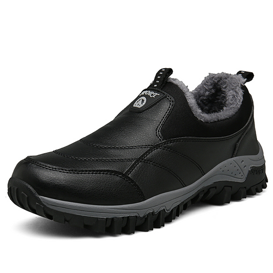 Schwarzer Herren-Winterschuh, rutschfest, gefüttert, Outdoor, wasserdicht, Lederoptik.