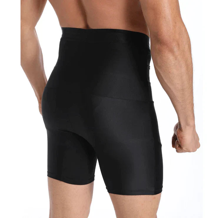 Schwarze Herren-Miederhose, nahtlos, figurformend, elastisch, Rückansicht.