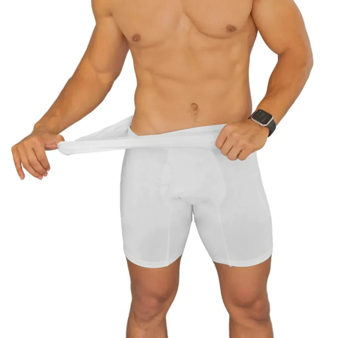 Männer Miederhose, weiß, elastisch, figurformend, Unterwäsche, Fitness, Komfort.
