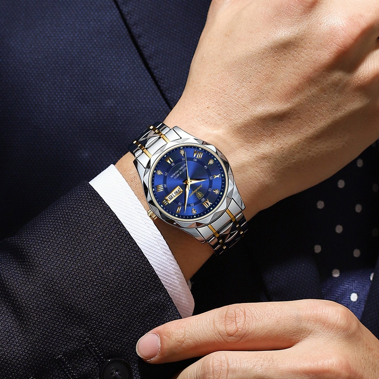 Herrenarmbanduhr, blaues Zifferblatt, Edelstahlarmband, elegantes Design, Business-Uhr.