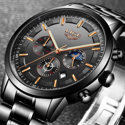 Schwarze LIGE Herrenuhr, Edelstahlarmband, Chronograph, elegantes Design, luxuriöse Armbanduhr.