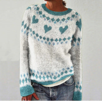 Damenpullover mit Herzmuster, weiß-blau, Strick, lässig, modisch, Winterkleidung.