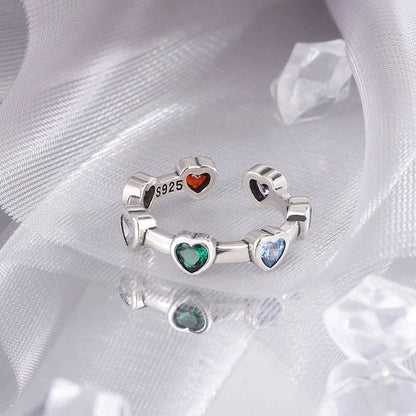 Silberner Herzring mit bunten Edelsteinen, 925 Sterling Silber, Damen Schmuck, Geschenkidee.