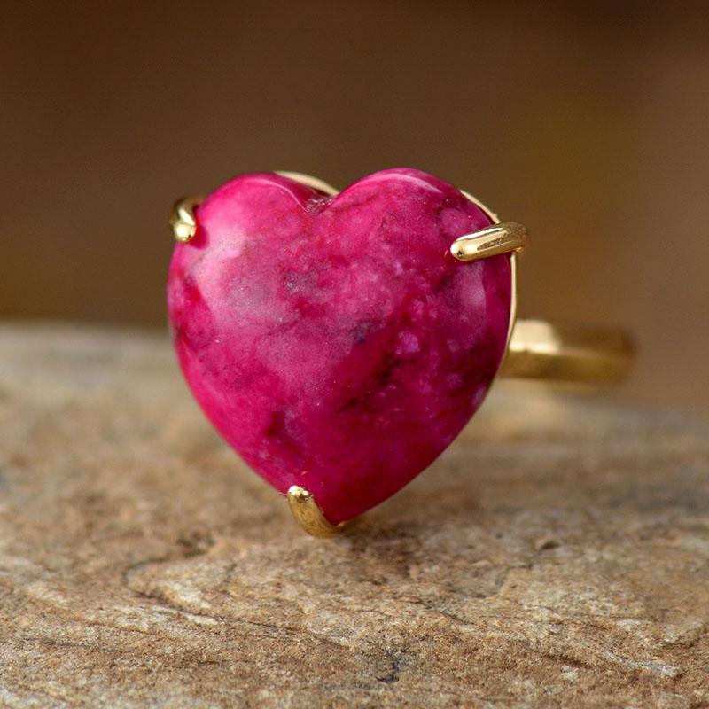 Herzförmiger roter Edelsteinring, verstellbar, Goldfassung, Schmuck für Hochzeit, Party.