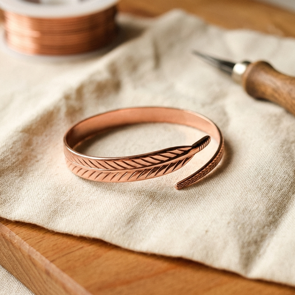 Offenes Kupferarmband mit eingraviertem Federmuster liegt auf einem hellen Leinentuch, daneben eine Drahtspule und ein Werkzeug mit Holzgriff. 1