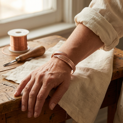 Das Kupferarmband mit Federgravur am Handgelenk getragen, der Arm ruht auf einem Holztisch mit Leinentuch, Kupferdraht und Gravierwerkzeug. 2