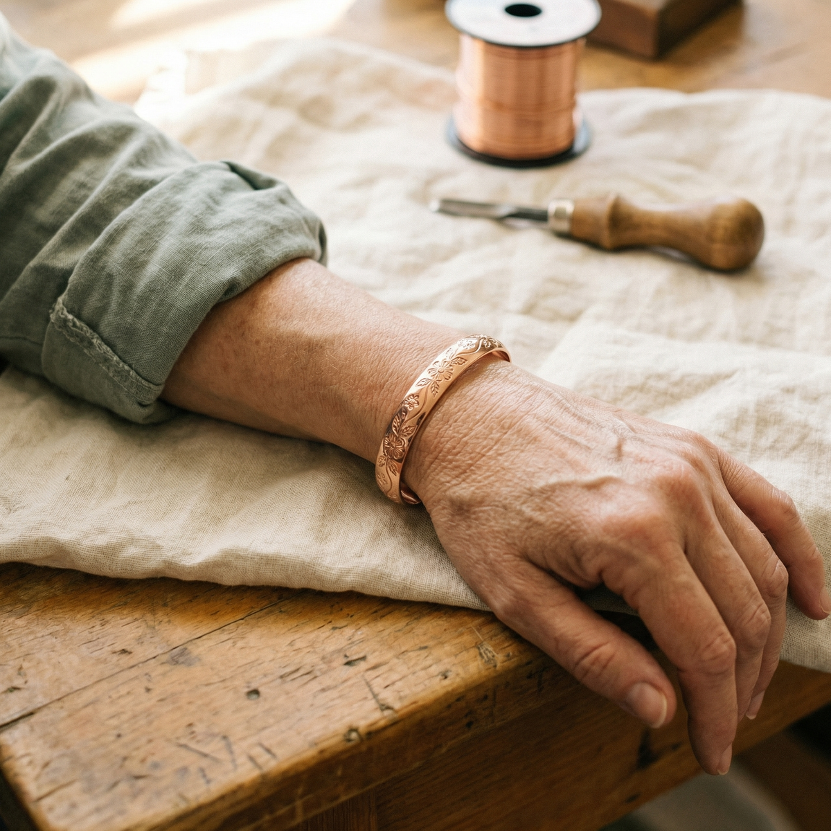 Das Armband mit Blütenmuster am Handgelenk, Arm liegt auf Leinentuch an einer Werkbank 2