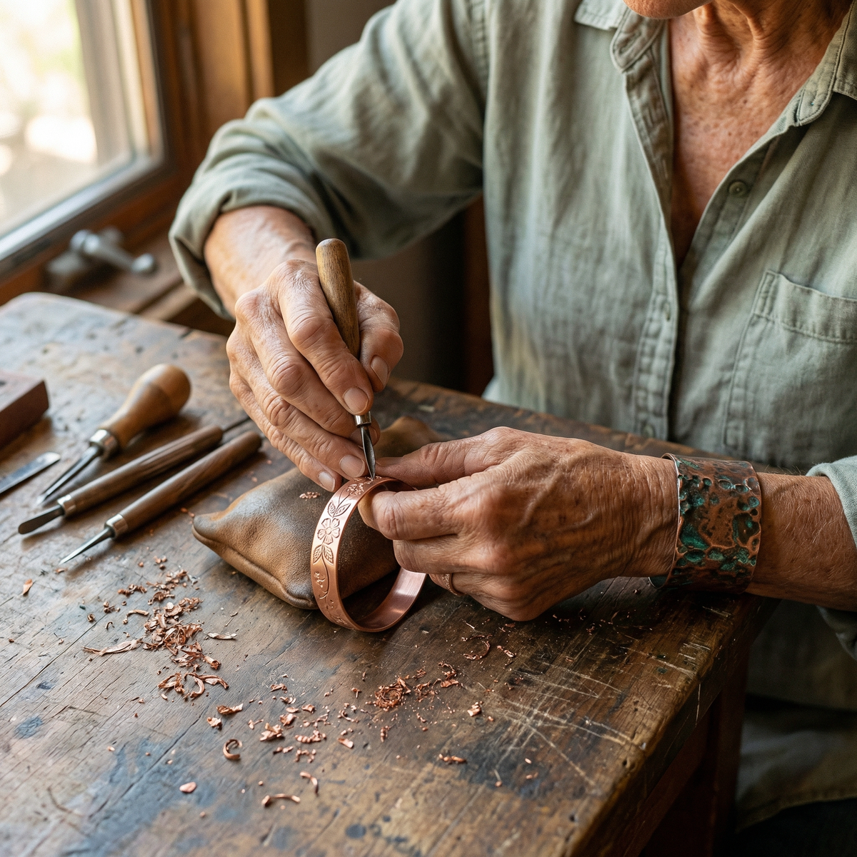 Handwerkerin graviert mit einem Stichel Blütenmuster in ein Kupferarmband, Späne und Werkzeuge liegen auf dem Tisch 4