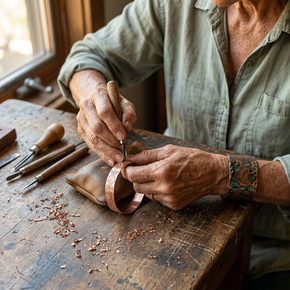 Handwerkerin graviert mit einem Stichel Blütenmuster in ein Kupferarmband, Späne und Werkzeuge liegen auf dem Tisch 4