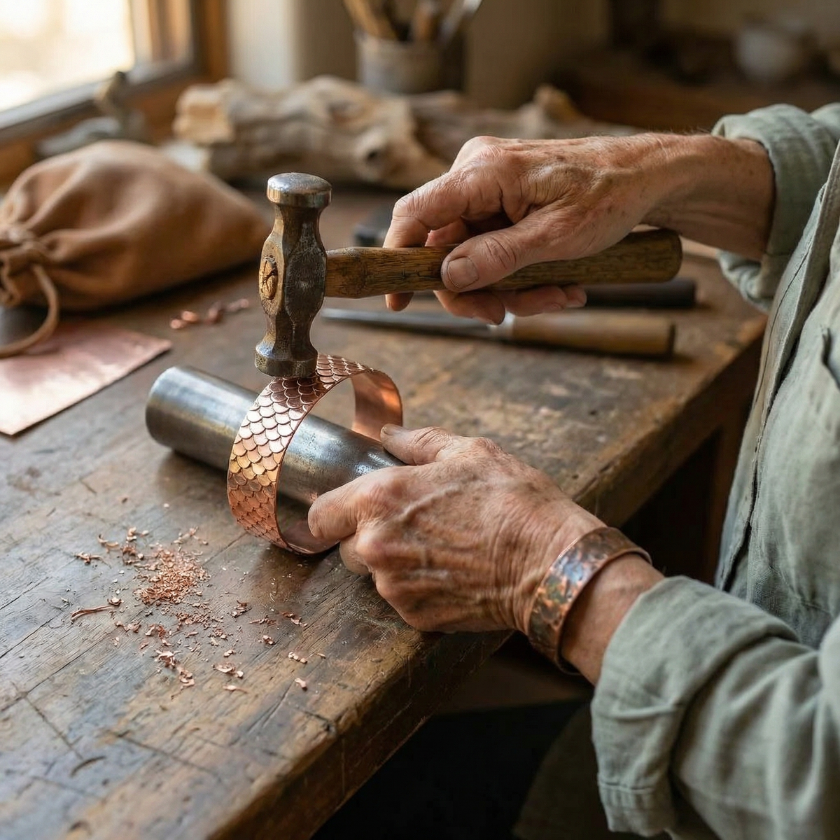 Kunsthandwerker formt mit einem Hammer ein Kupferband mit Schuppenmuster um einen Metallzylinder, Kupferspäne liegen auf dem 4