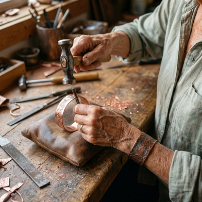 Handwerker graviert mit Hammer und Stichel Blumenmuster in ein Kupferarmband auf einem Lederkissen in der Werkstatt 4