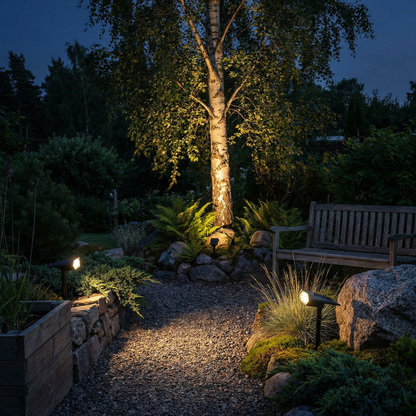 Mehrere Strahler im abendlichen Garten beleuchten Birke, Kiesweg und Steine neben einer Holzbank 2