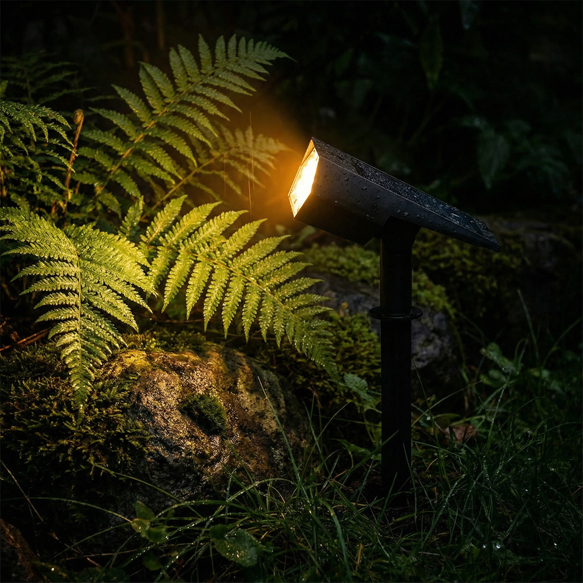 Regennasser Strahler leuchtet warmweiß einen Farn im dunklen Garten an, Beleg für Wetterfestigkeit 5