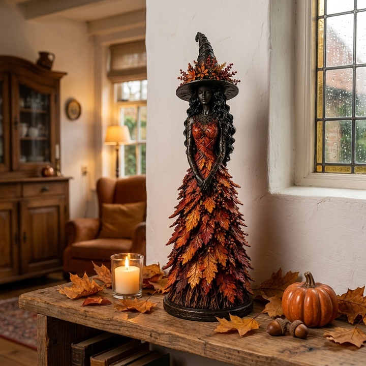 Hexenfigur mit rotem Blätterkleid und spitzem Hut auf einer rustikalen Holzbank, umgeben von Kerze, Kürbis, Eicheln und Herbstlaub. 1