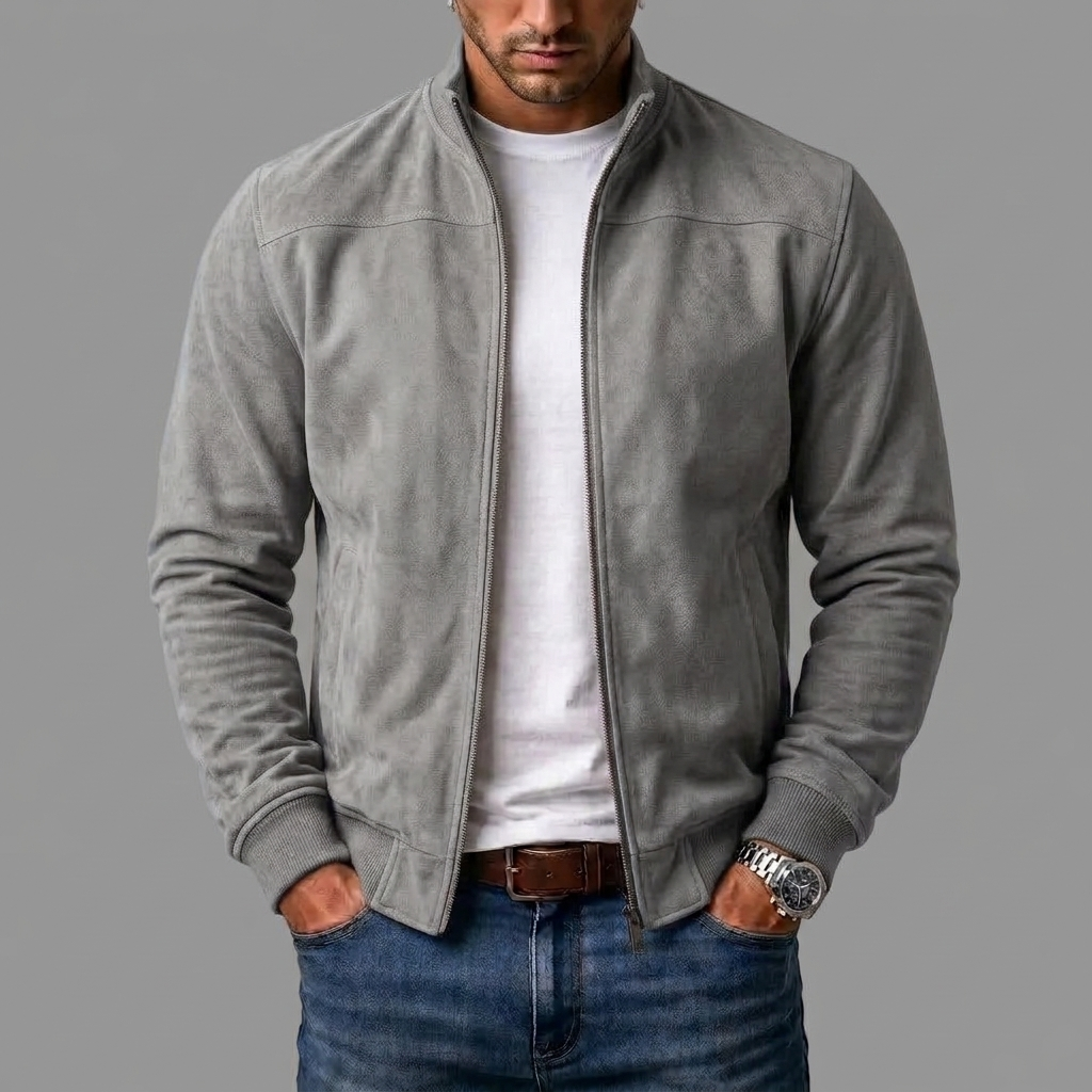 Mann trägt die graue Jacke in Wildlederoptik offen über weißem T-Shirt und Jeans, Rippbündchen an Ärmeln und Saum. 7
