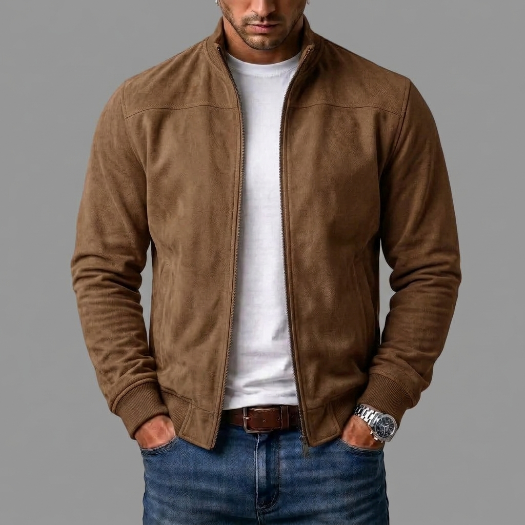Mann trägt die offene Bomberjacke in Mittelbraun mit weißem T-Shirt, Jeans und Armbanduhr, Hände in den Taschen. 4