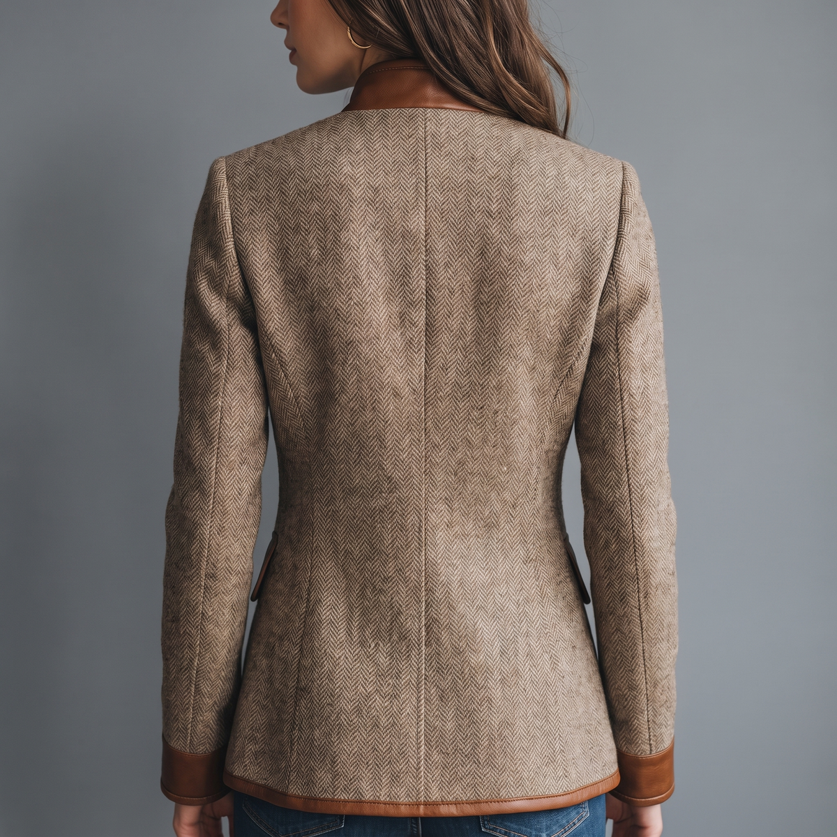 Rückenansicht der Jacke am Model mit mittiger Naht, Kunstlederkragen, Lederbesatz am Saum und an den Ärmelbündchen. 3