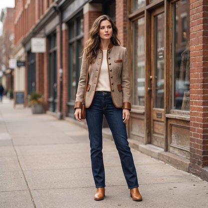 Das Model trägt die Jacke offen zu cremefarbenem Oberteil, dunkler Jeans, Stiefeletten und brauner Umhängetasche auf einer Straße mit Backsteinfassaden. 6